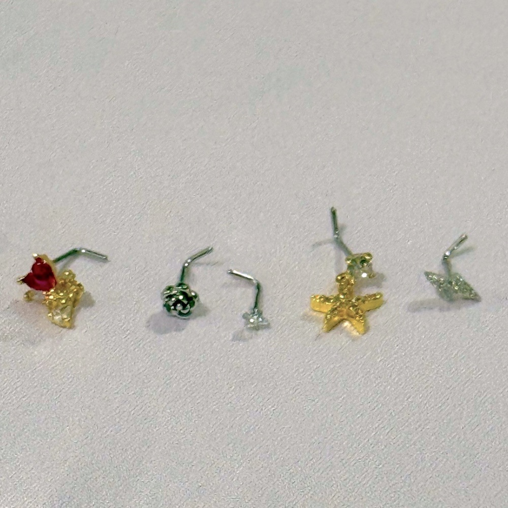 Gold and Silver Star, Rose & heart Nose Stud set! 20ga L bend, new in package